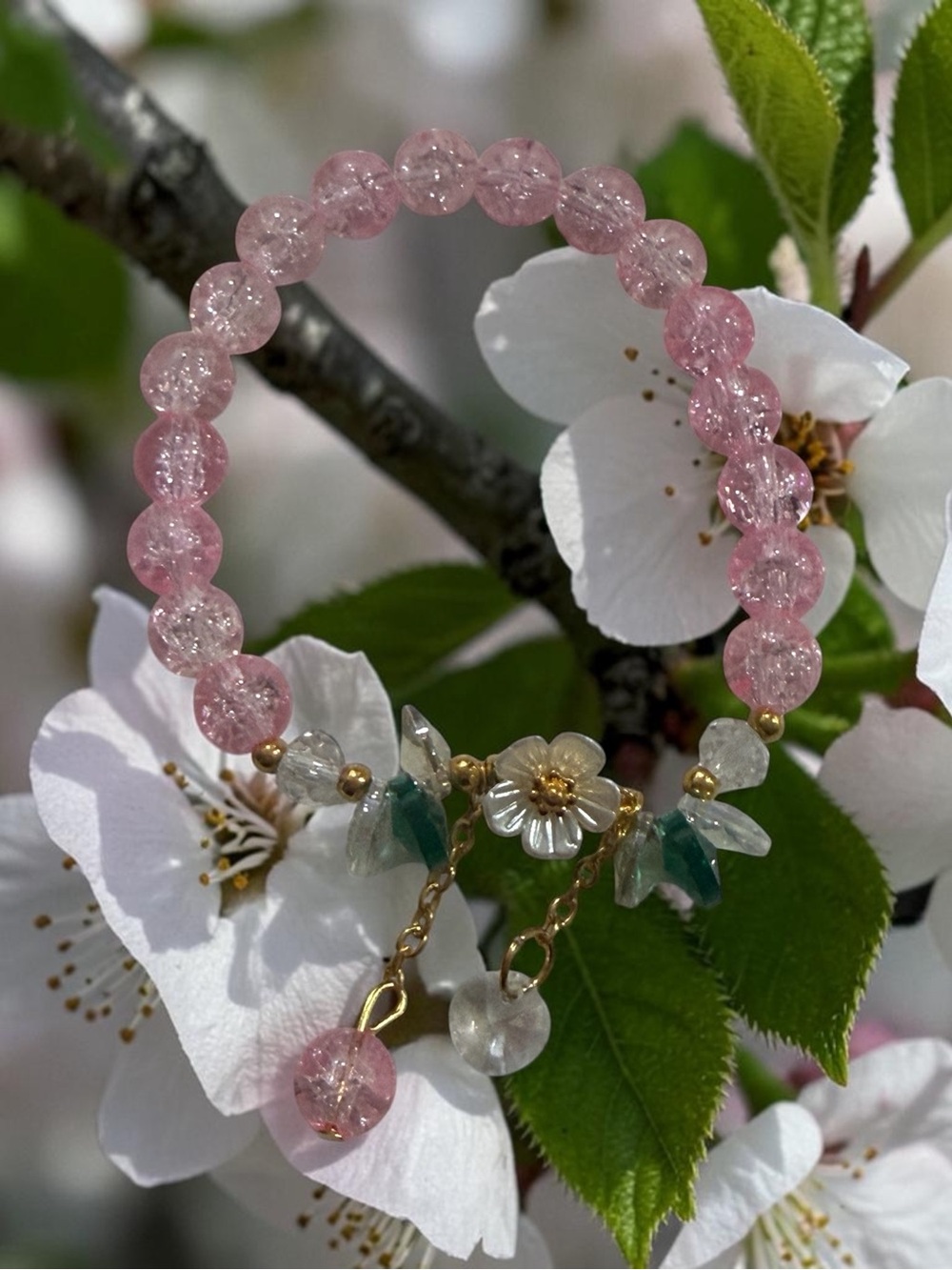 Pink Beaded Flower Charm Bracelet